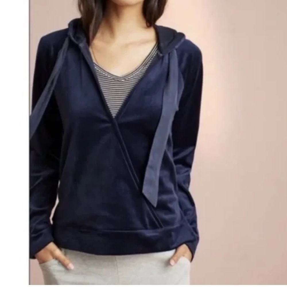 Anthropologie Saturday Sunday Sweater Hoodie Velvet Wrapped Plunge V-Neck Tie